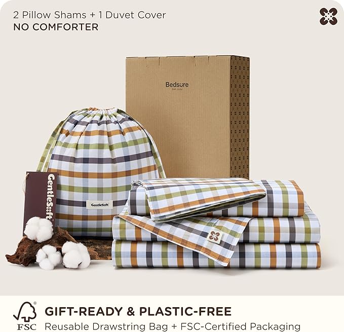Bedsure 100% Cotton Reversible Plaid Duvet Cover Queen Size - Classic Warm Gingham Pattern Comforter Cover with Zipper Closure & 2 Pillow Shams, Comforter Sold Separately (Warm Plaid 90"x90")