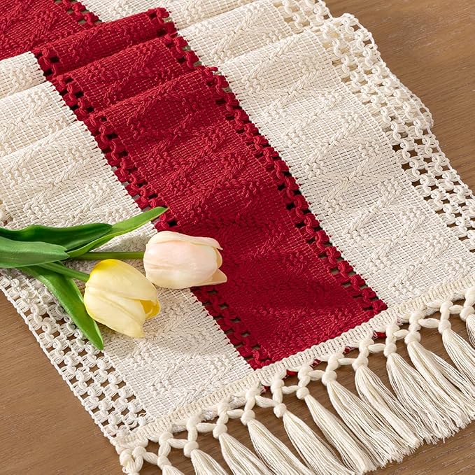 Socomi Boho Table Runner Valentine's Day Farmhouse Rustic Dining Kitchen Centerpiece Decor Small Macrame Woven Cotton Linen Coffee Table Runner for Dresser Scarf Home Decor 12x48 in Red Ivory