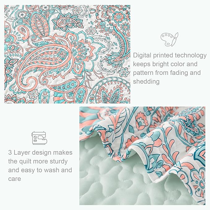 Exclusivo Mezcla Reversible Boho Quilts Queen Size, Aqua Bedspreads Lightweight Coverlet All Season Paisley Quilt Bedding Set with Printed Floral Pattern (1 Quilt, 2 Pillow Shams)