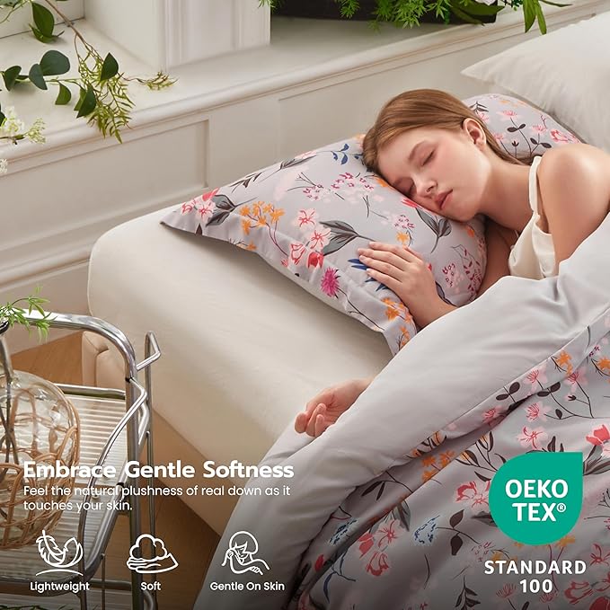 Joiedomi Twin Comforter Set Light Grey, 2 Pieces Floral Twin Bedding Set with 1 Soft Reversible Flower Comforter and 1 Pillow Sham, Bed in a Bag for All Seasons
