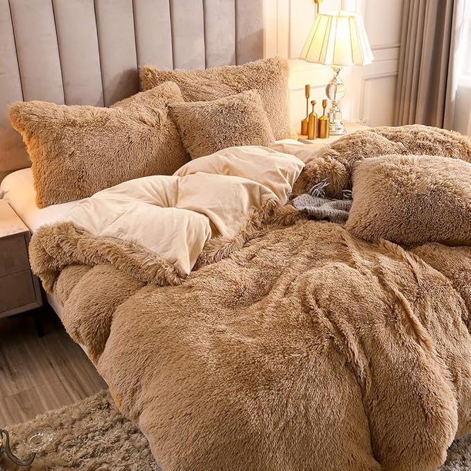 Uhamho Faux Fur Velvet Fluffy Bedding Duvet Cover Set Down Comforter Quilt Cover with Pillow Shams, Ultra Soft Warm (King, Camel)