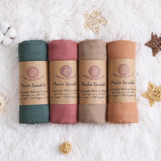Meracorallo Muslin Swaddle Blanket, 4 Pack Neutral Swaddle Blankets, Silky Soft Receiving Blanket, Soild Color Swaddle Wrap for Baby Boys and Girls, 47 x 47 inches