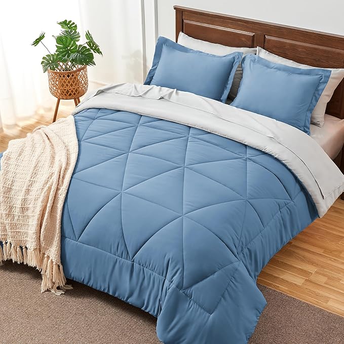BEDELITE King Size Comforter Set 7 Pieces Bed in A Bag - Soft Microfiber Reversible Blue Bed Set with Comforters, Sheets, Pillowcases & Shams, Cozy Luxury Bedding Sets for All Season