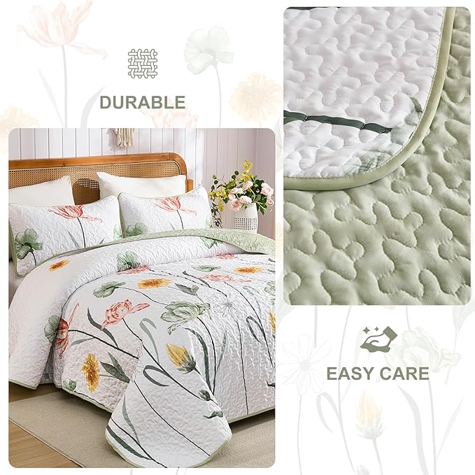 WONGS BEDDING 3 Pieces Quilt Set Queen,Sage Green Floral Printed Quilted Bedspread Set,Soft Lightweight Bedding Coverlet Set for All Seasons(96"x90")