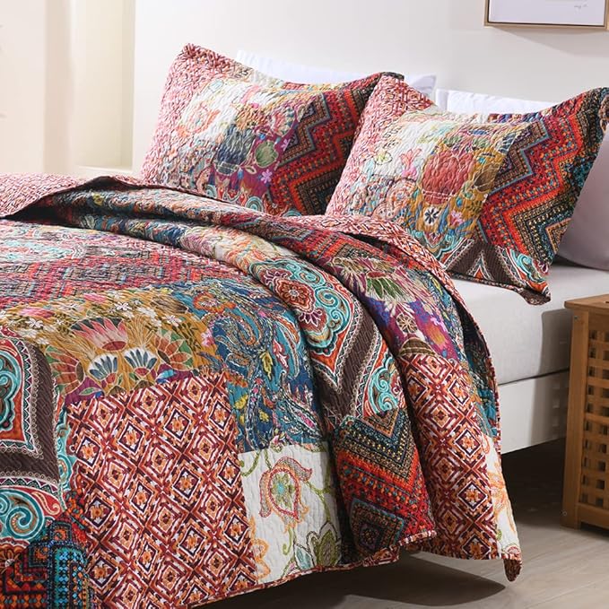 Autumn Dream Cotton Patchwork Bedspread Quilt Sets, Reversible Bedding Coverlet Sets, Red Gorgeous Vintage Pattern, King Size