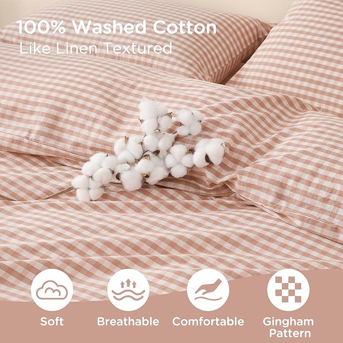 TOCOMOA Pink Tan Gingham Duvet Cover Bedding Set 100% Washed Cotton Like Linen Feel Super Soft Comfy 3 Piece Vintage Plaid Checkered Fall Comforter Cover Set (Queen 90"x90", Comforter Not Included)