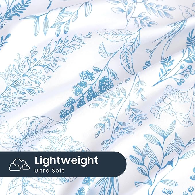 Wake In Cloud - Floral Duvet Cover Set, Botanical Vintage Flower Coquette Cottagecore Aesthetic for Women Teen Girls, Soft Lightweight Bedding, 3-Piece, Blue, Queen Size