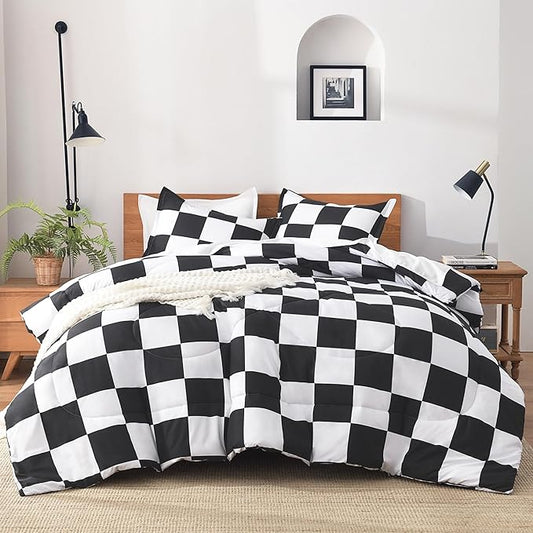 Andency Checkered Comforter Twin XL(68x92Inch), Black White Plaid Gingham Buffalo Grid Bed Set for Students Boys Kids Teens, 2 Pieces Lightweight Microfiber Geometric Dorm Bedding
