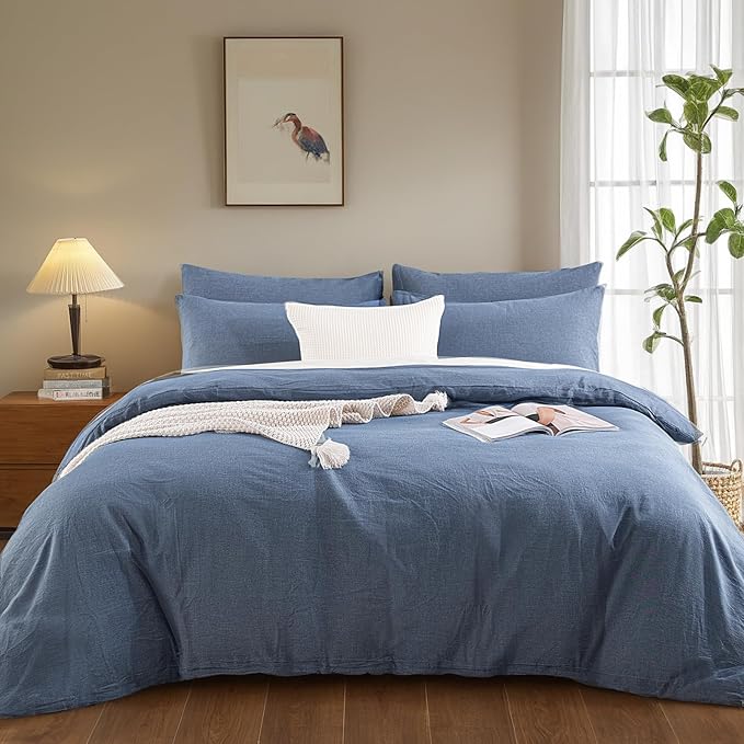 NEXHOME PRO Duvet Cover Queen 100% Washed Cotton, Organic Natural Linen Like Textured, Breathable, Durable, Home Bedding Set, Heathered Blue 9090