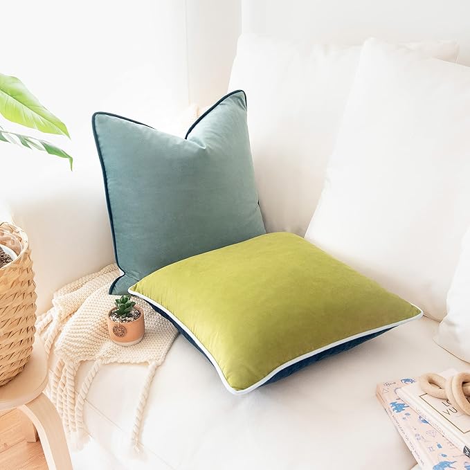 MONDAY MOOSE Decorative Throw Pillow Covers Cushion Cases, Set of 2 Soft Velvet Modern Double-Sided Designs, Mix and Match for Home Decor, Pillow Inserts Not Included (16x16 inch, Green/Blue)