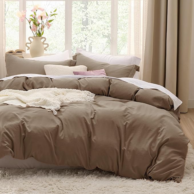 Bedsure Deep Khaki Duvet Cover Queen Size - 3 Pieces Prewashed Cotton-Like Polyester Extra Soft Bedding Set, Includes 1 Duvet Cover 90x90 Inches with Zipper Closure & 2 Pillow Shams, No Comforter