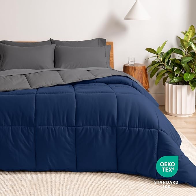 Bare Home Reversible Bed-in-A-Bag Comforter & Sheet Set - Split Head Flex King - Down Alternative - Soft - Bedding Set (Split Head Flex King, Dark Blue/Grey, Grey)