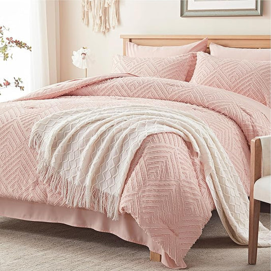 Zzlpp Queen Comforter Set 7 Pieces, Pink Tufted Bed in a Bag with Comforter and Sheets, All Season Boho Bedding Sets with 1 Comforter, 2 Pillow Shams, 2 Pillowcases, 1 Flat Sheet, 1 Fitted Sheet