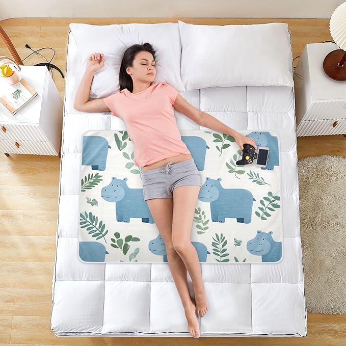 Waterproof Bed Pad Reusable Changing Pad Toddler Mattress Protector Large Pee Pad Baby Diaper Pad Soft Washable Liner Cute Hippo and Green Leaves