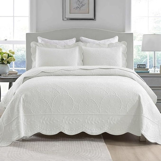 MarCielo 3-Piece 100% Cotton Oversized Bedspread Lightweight Quilt Coverlet Embroidery Farmhouse Bedding Set (TX Bright White, Oversized Queen (100"x106"))