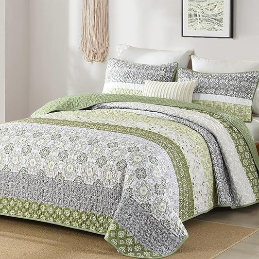 WONGS BEDDING Boho Quilt Set King Size,Olive Green Bohemian Striped Patchwork Bedspread Coverlet Set,3 Pieces Microfiber Bedding Set for All Seasons (104"×90")