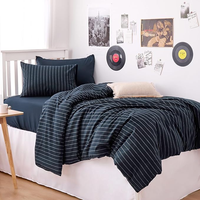 Wake In Cloud - Striped Cotton Duvet Cover Set, Ticking Stripe Vertical Pinstripe Farmhouse, 100% Washed Cotton Textured Percale Bedding Set, 3 Pieces, Navy Blue, Twin Size