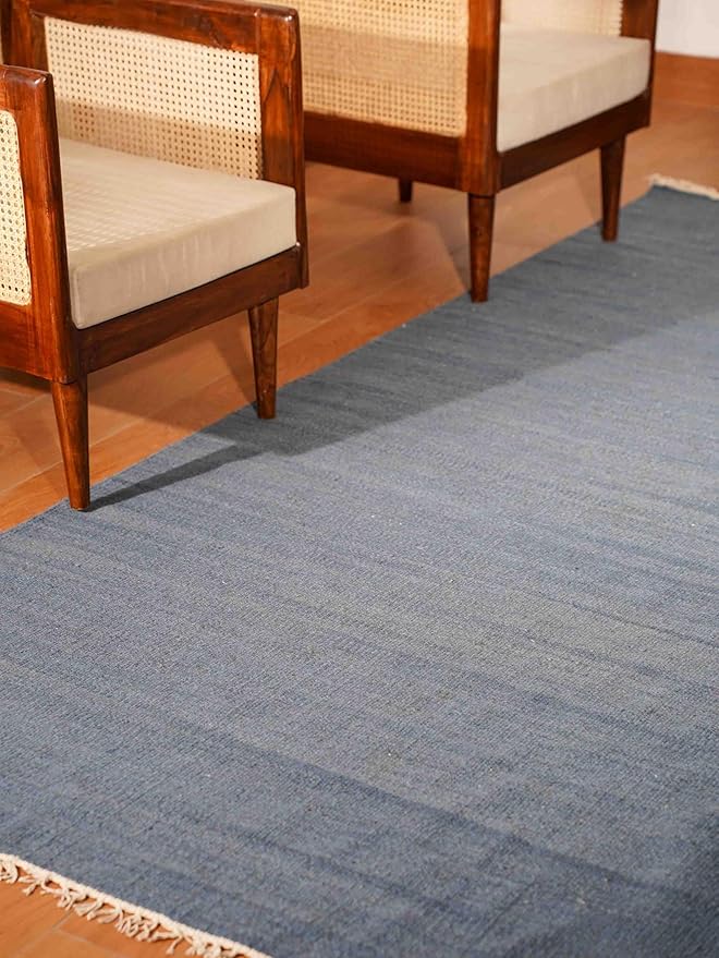Rugsotic Carpets Hand Woven Flat Weave Kilim Wool ECO-Friendly Area Rugs - 9'x12', Rectangle Shape, Blue Color, Solid Plain Design, Low Pile Handmade Area Rugs for Living Room, Bed Room (D00111)