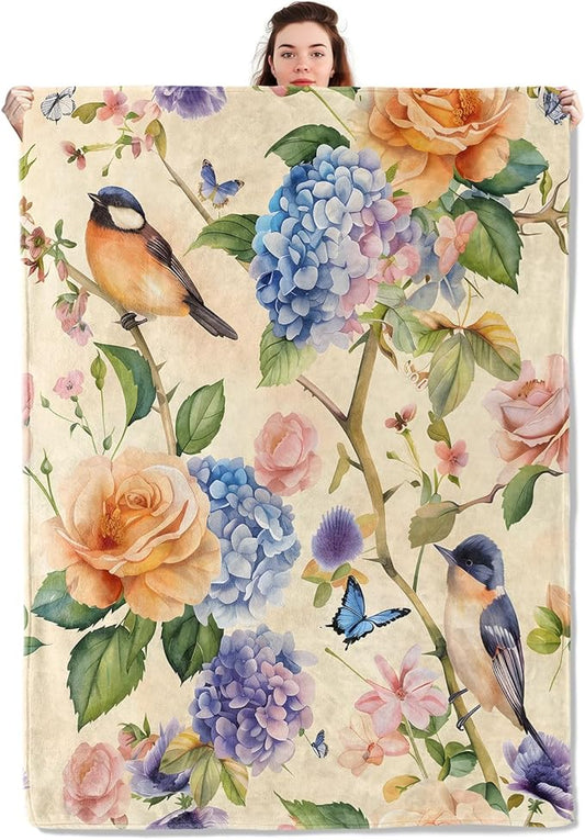Bird and Butterfly Blanket Lightweight Blankets Gifts for Nature Lover Flannel Throw with Colorful Rose and Hydrangea Printed for Sofa, Bed, Travel, Picnic, Office, Decor Throws 50x40 Inch