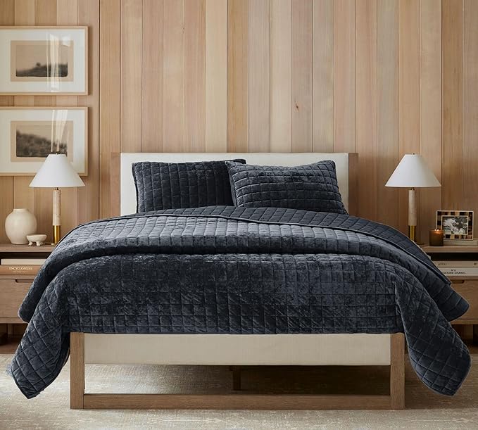 Luxurious Velvet Quilt Full/Queen Size Set 90" x98" Ultra Soft Bedding Set Quilted Bedspread Coverlet with 2 Matching Pillow Shams for All Seasons,Blue Gray