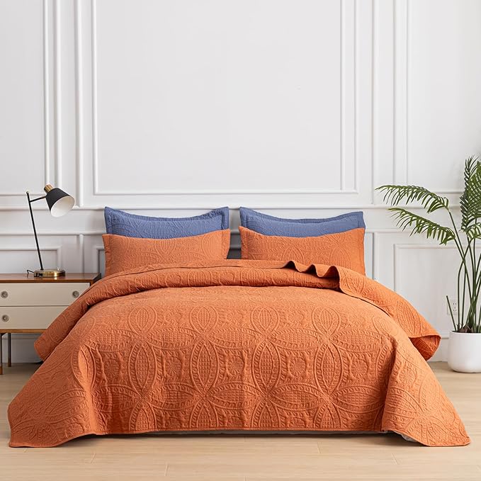 SheRest Twin Quilt Bedding Set - Soft Breathable Bed Quilt, Modern Style Embossed Bedspreads, Lightweight Microfiber Coverlet for All Seasons, Burnt Orange, 1 Quilt&1 Pillow Sham