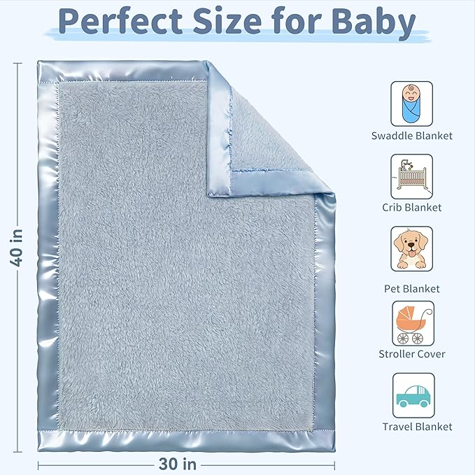 Pro Goleem Fleece Baby Blanket with 2 Inch Satin Trim Soft Anti-Static Plush Blanket for Boys and Girls Christmas Baby Gifts for Babies 30''x40''，Blue