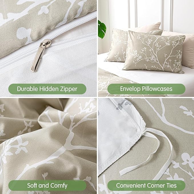 Lekesky Queen Size Duvet Cover Set, Reversible Duvet Cover Queen with Branch Pattern, Lightweight Soft Microfiber Comforter Cover, 3 Pieces Khaki Bedding Set with Zipper and 2 Pillowcases