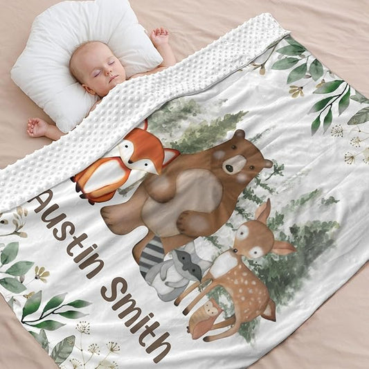 Personalized Baby Blanket, Animals Woodland Baby Blankets for Boys Girls, Super Soft Nursery Blankets with Cotton Front and Dotted Fleece Backing, Printed Bed Throws Newborn