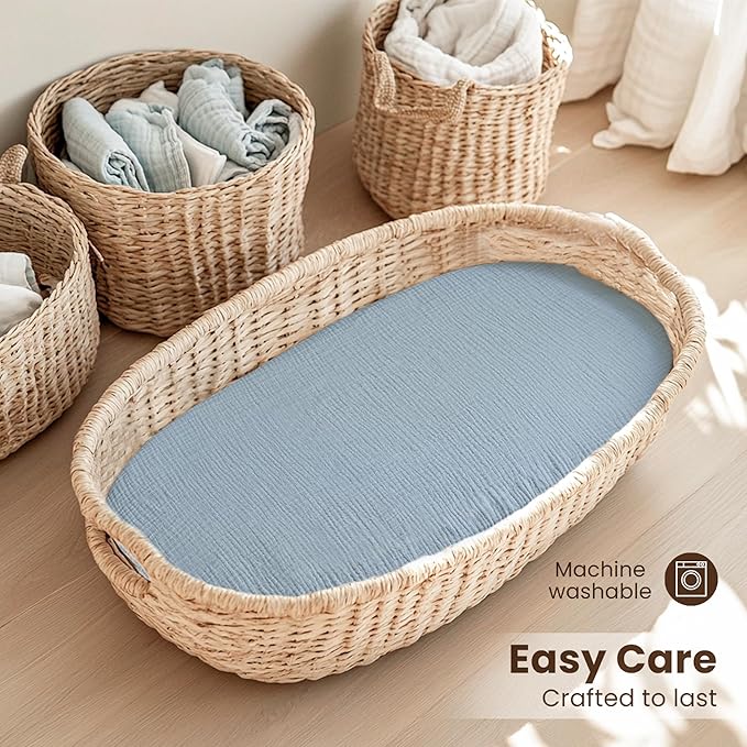 Konssy 2 Pack Muslin Bassinet Sheets for Boys, Girls, 100% Cotton Soft Breathable Fitted Bassinet Mattress Sheet, 32 x 16 inches (Star,Blue)