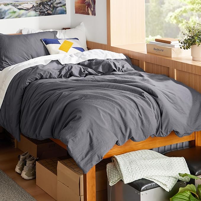 Bedsure Dark Grey Duvet Cover Twin/Twin XL Size - 2 Pieces Prewashed Cotton-Like Extra Soft Bedding Set, Includes 1 Twin Duvet Cover 68x90 Inches with Zipper Closure & 1 Pillow Sham, No Comforter