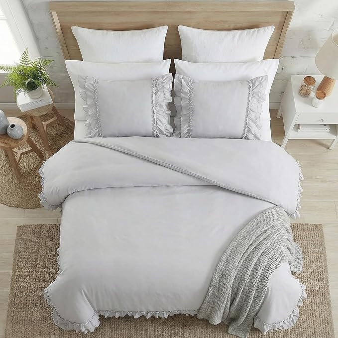 Bedorm Gray Duvet Cover Set Queen Ruffle Bedding Set Pleat Ruffled Shabby Chic Comforter Cover Extra Soft & Easy Care Gray Boho Duvet Cover with Zipper Closure