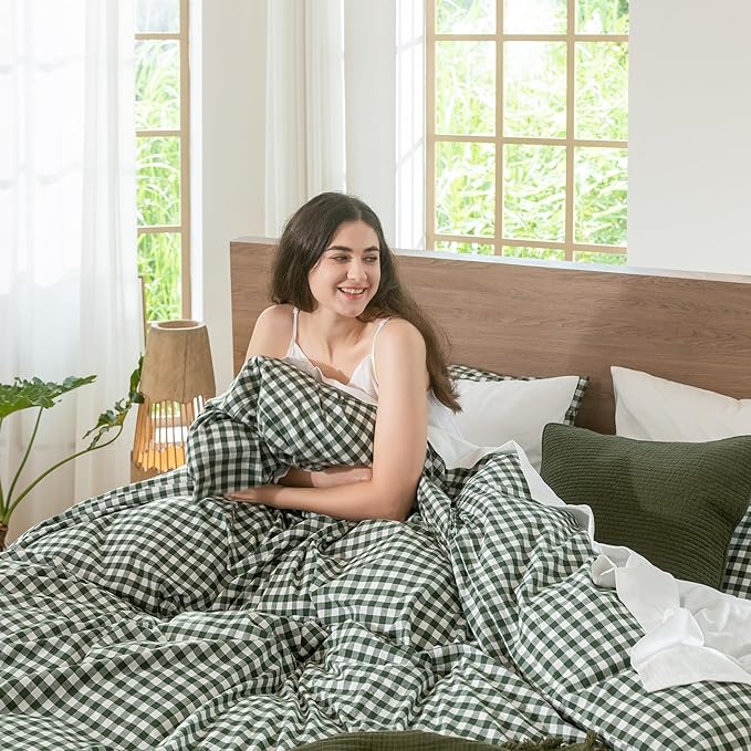 MooMee Gingham Duvet Cover Set 100% Washed Cotton Linen Like Textured Breathable Durable Soft Comfy Modern Checkered Design (Forest Green Gingham, Palatial King/Oversized King 120"x98")