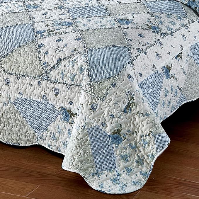 Oversized King Size Blue Floral Plaid Patchwork Quilt Set 128x120 Extra Wide Super King Size Rversible Quilted Bedspread Coverlet Set 3-Piece Comforter Bedding Set Bed Cover with 2 Pillow Shams | Oversized King Quilt, Blue Floral Quilt, Rversible Bedsp...