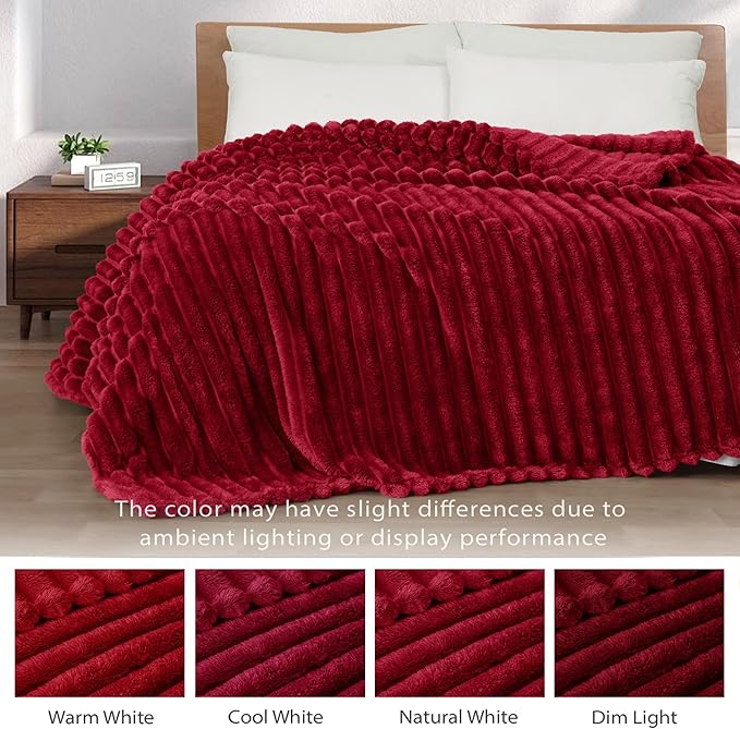 Exclusivo Mezcla King Size Flannel Fleece Blanket, Super Soft Striped Jacquard Bed Blanket, Lightweight Fuzzy Cozy for All Seasons, 90x104 Inches, Deep Red