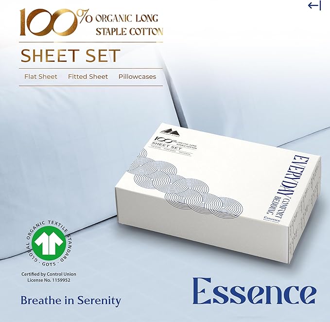Mayfair Linen 100% Organic Cotton Sheets Queen Size - 4 PC Organic Cotton Queen Size Percale Weave Sheet Set, Soft, Cooling, Crisp & Breathable, 16" Deep Pocket Hotel Quality Bedding Set - Light Blue