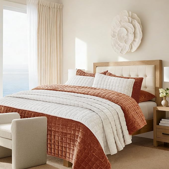 Luxurious Velvet Quilt California King Size Set 106" x118" Ultra Soft Bedding Set Quilted Bedspread Coverlet with 2 Matching Pillow Shams for All Seasons,Rust
