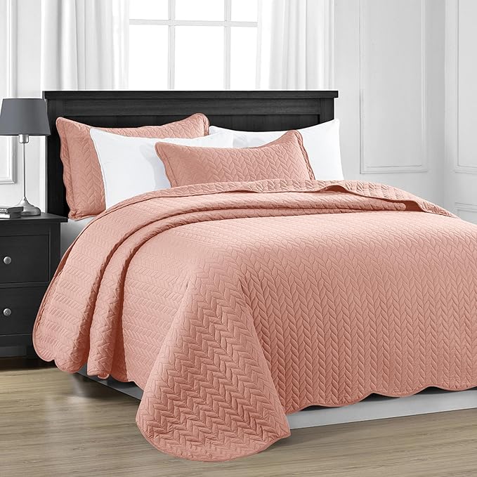 IR Imperial Rooms California King Quilt Bedding Set Size (118"x106") + 2 Pillow Shams (20" x 36"+ 2") - 3 Pcs All Season Reversible Microfiber Coverlet Embossed Quilt Bedspread (Peach/Baby Pink)