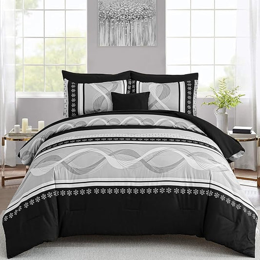 Anibedding Black Comforter Set Twin Size,6 Pieces Boho Bed in a Bag Patchwork Striped Comforter Set,Soft Microfiber Bedding Set for All Season(86"x68")