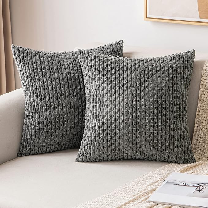 MIULEE Pack of 2 Decorative Throw Pillow Covers 24x24 Inch Soft Boho Striped Textured Corduroy Pillow Covers Modern Farmhouse Home Decor for Couch Bed Sofa Living Room Dark Grey