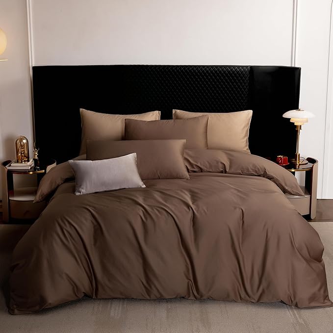 MooMee Duvet Cover Set 100% Extra Long Staple Cotton 600 Thread Count Silky Sateen Smooth Luxury Soft Breathable Durable Hotel Quality Bedding, 3 Pieces (Chocolate Brown, Super Queen 90"x98")
