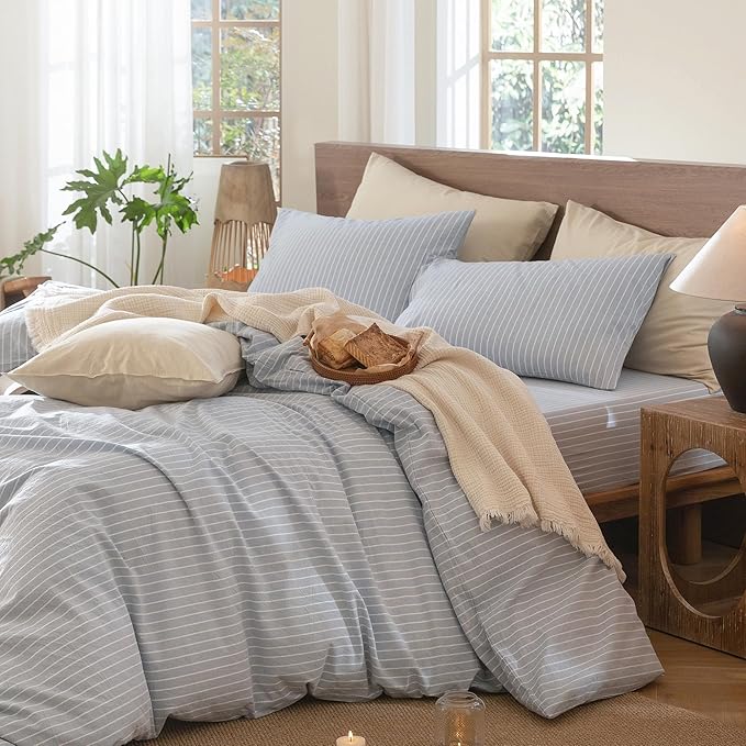 MooMee Striped Duvet Cover Set 100% Washed Cotton Linen Like Textured Breathable Durable Soft Comfy (Cornflower Blue White Wide Stripes, Oversized Queen 98"x98")