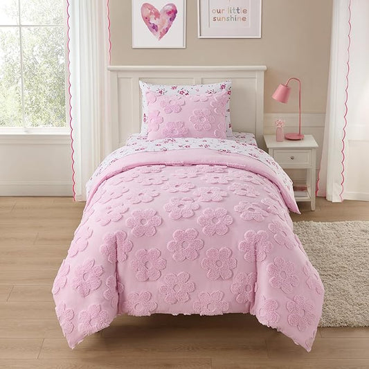 Kids Twin Size Bed in a Bag Tufted Comforter & Sheet Set – Complete Bedding Set with Corner Strap Fitted Sheet, Ultra Soft Lightweight All Season Comforter, Girls Bedroom, Dorm, Guest Room