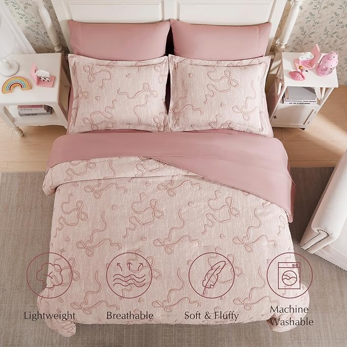Geniospin Pink Queen Comforter Set for Girls- 7 Pieces Bowknot Jacquard Bed in A Bag Queen Bedding Sets with Sheets, Pillowcases & Shams, All Season Kids Comforter Set