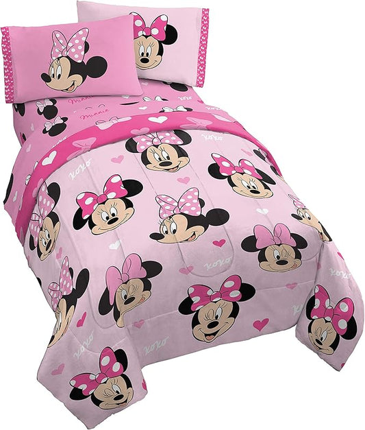 Jay Franco Disney Minnie Mouse Hearts N Love 5 Piece Full Size Bed Set - Includes Reversible Comforter & Sheet Set - Super Soft Fade Resistant Microfiber - (Official Disney Product)