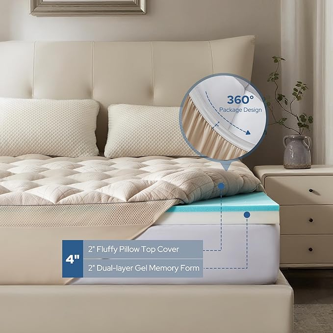 BedBedlore 4-Inch Full Mattress Topper for Back Pain - Dual Layer Medium Support (2" Gel Memory Foam + 2" Cooling Fluffy Pillow Top Pad), Breathable & Pressure Relief (Beige)