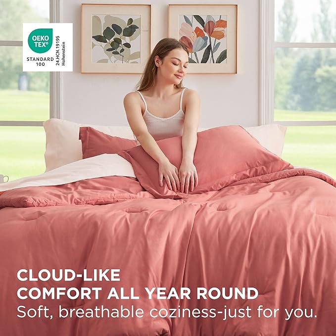 Bedsure Full Size Comforter Set - 7 Pieces Coral Full Bedding Set for All Seasons, Boho Contrasting Design Bed in a Bag with Comforter, Sheets, Pillowcases & Shams