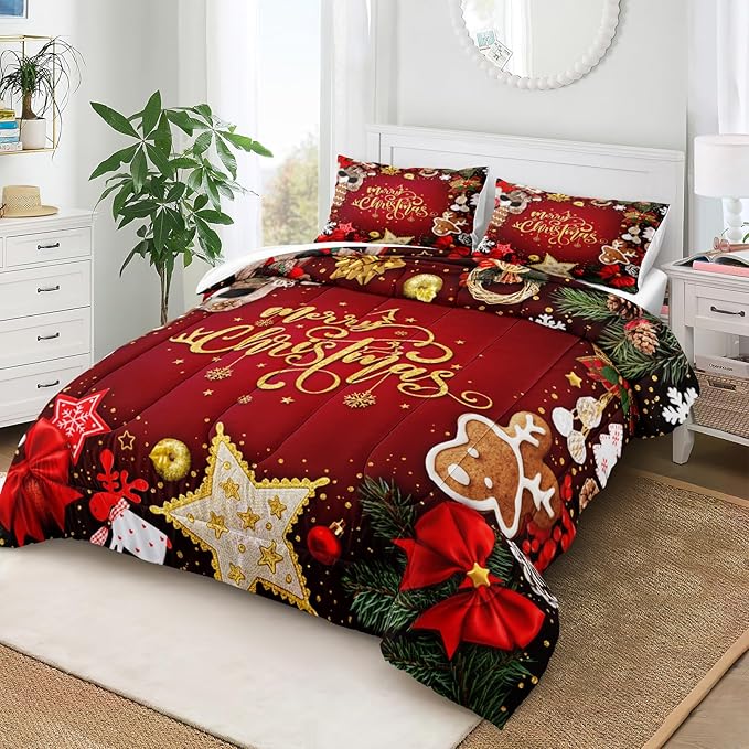 Bedbay Merry Christmas Bedding Queen Comforter Set Red Chritsmas Quilt Set Lightweight Down Comforter 4 Pcs Xmas Festival Theme Bedding Set 1 Comforter 2 Pillowcases 1 Cushion Cover(Red,Queen)