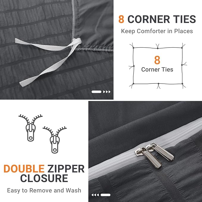 HYMOKEGE Dark Grey Twin Size Duvet Cover, Ultra Soft 2-Piece Seersucker Duvet Cover Set with Zipper Closure, Soft Brushed Microfiber Bedding Set with 8 Corner Ties (68"x90", 1 Pillowshams)