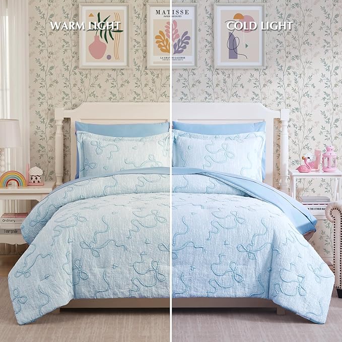 Geniospin Light Blue Queen Comforter Set for Girls- 7 Pieces Bowknot Jacquard Bed in A Bag Queen Bedding Sets with Sheets, Pillowcases & Shams, All Season Kids Comforter Set