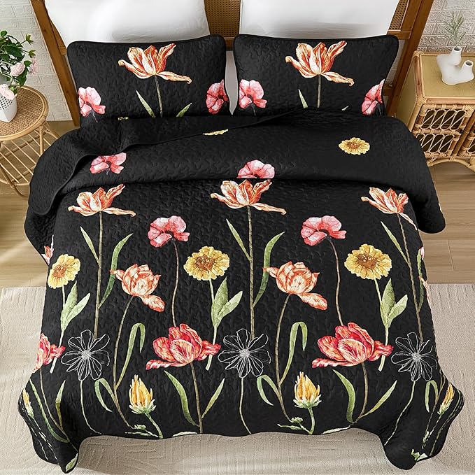 WONGS BEDDING Floral Quilt Set Queen Size, Colorful Black Red Quilt Set with 2 Pillowcase, Lightweight Spring Summer Farmhouse Coverlet Set for All Season (96"x90")
